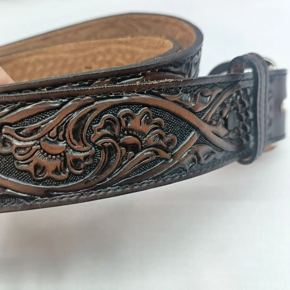 Nocona Belt Co Womens Brown Tooled Leather Western Belt Floral Basketweave 36